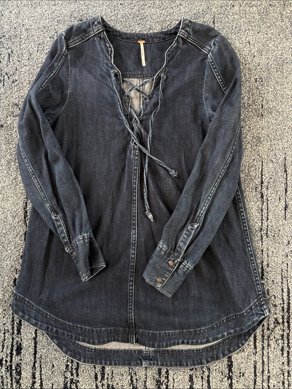Free People Denim Lace-Up Tunic Top - Dark Blue